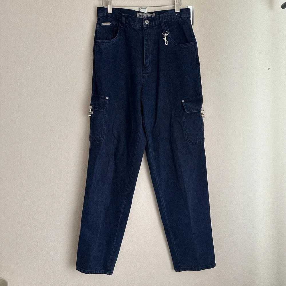 Pure Gear Cargo Jeans Mens 29 Dark Wash Blue‎ Vintage 90s Baggy Utility Denim